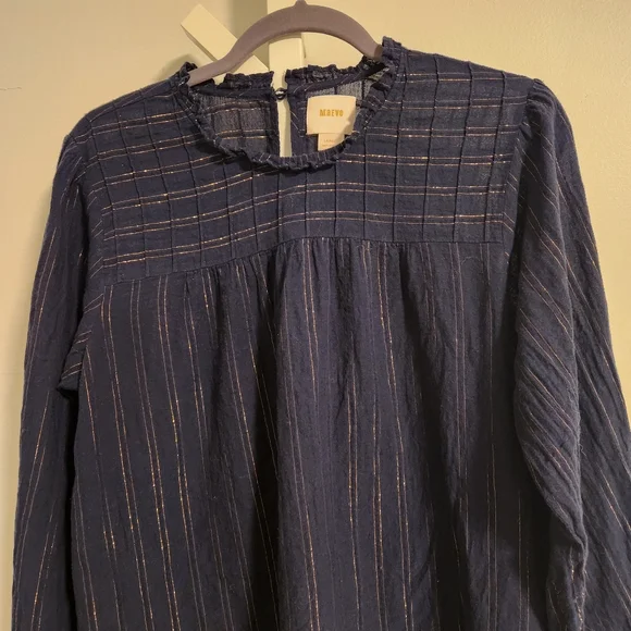 Anthropologie Maeve Reston Blouse | Navy Gold Metallic‎ Stripe Large, Like New! - Picture 9 of 10